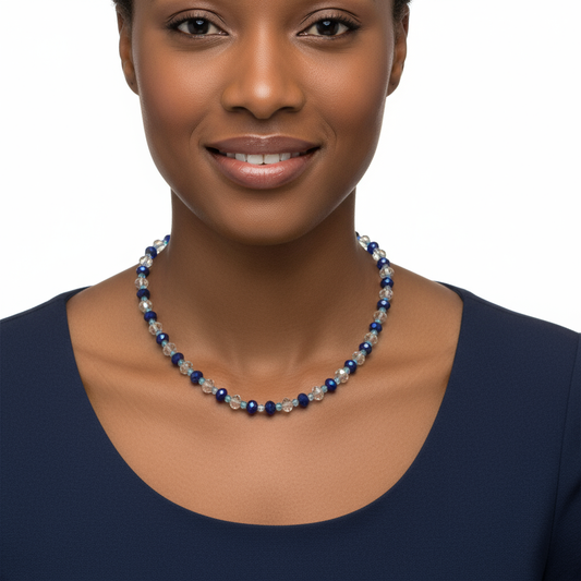 Black model wearing blue crystal beaded necklace