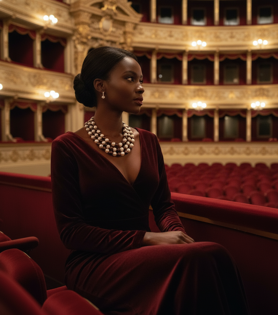 Black model wearing three-layer pearl necklace at the opera