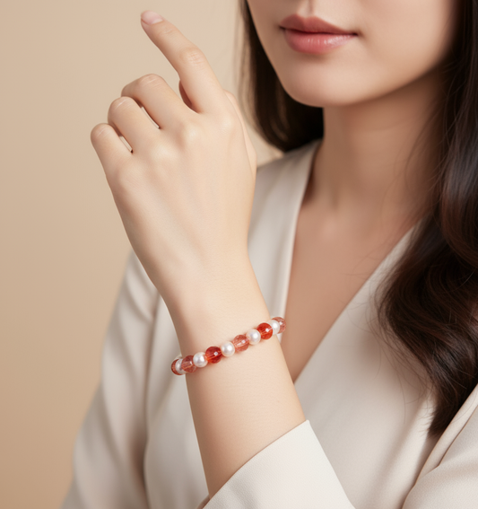 Chinese model wearing pink and red beaded bracelet