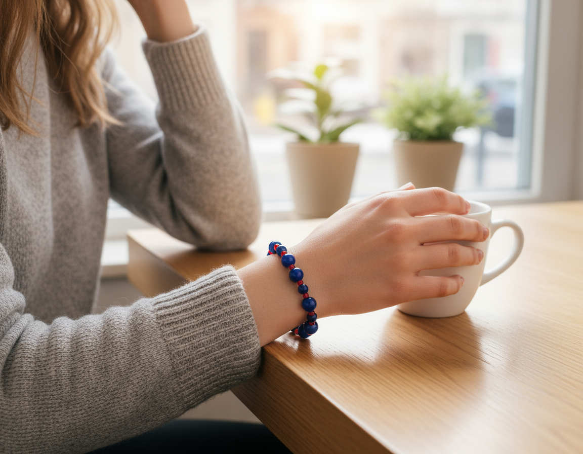 Female model wearing blue and red beaded bracelet