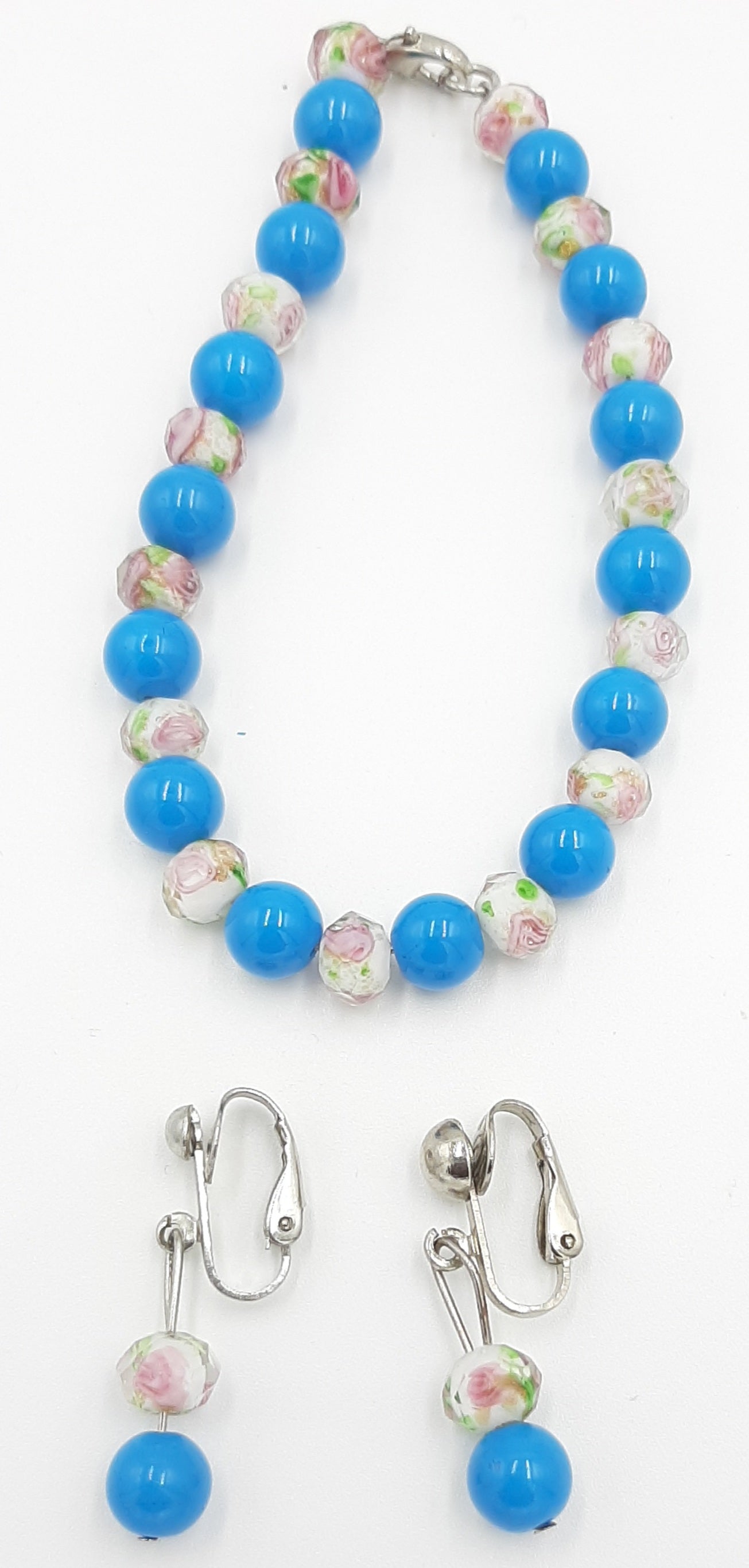 Aqua Blue and Clear Flower Bead Earring and Bracelet Set