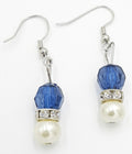 Blue Crystal and White Pearl Drop Earrings
