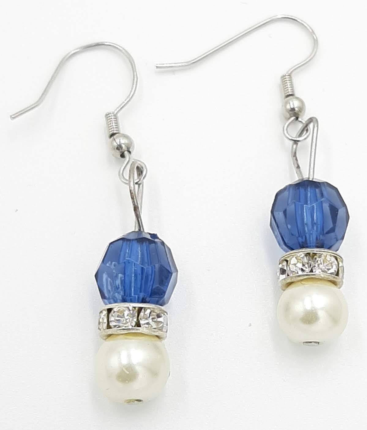 Blue Crystal and White Pearl Drop Earrings