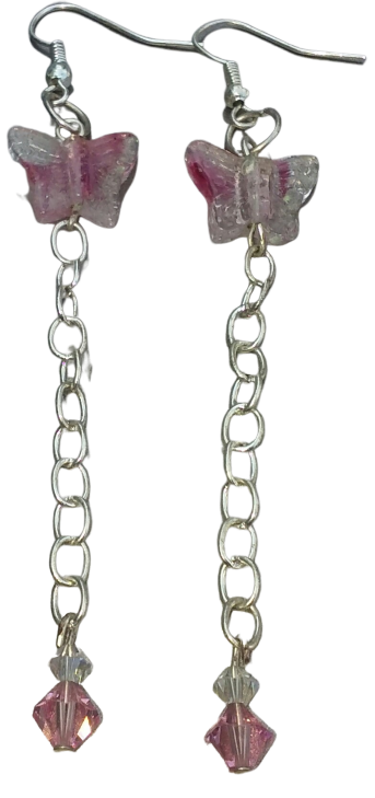 Butterfly Clear Chain Earrings - Pink & Gray Crystal Dangle