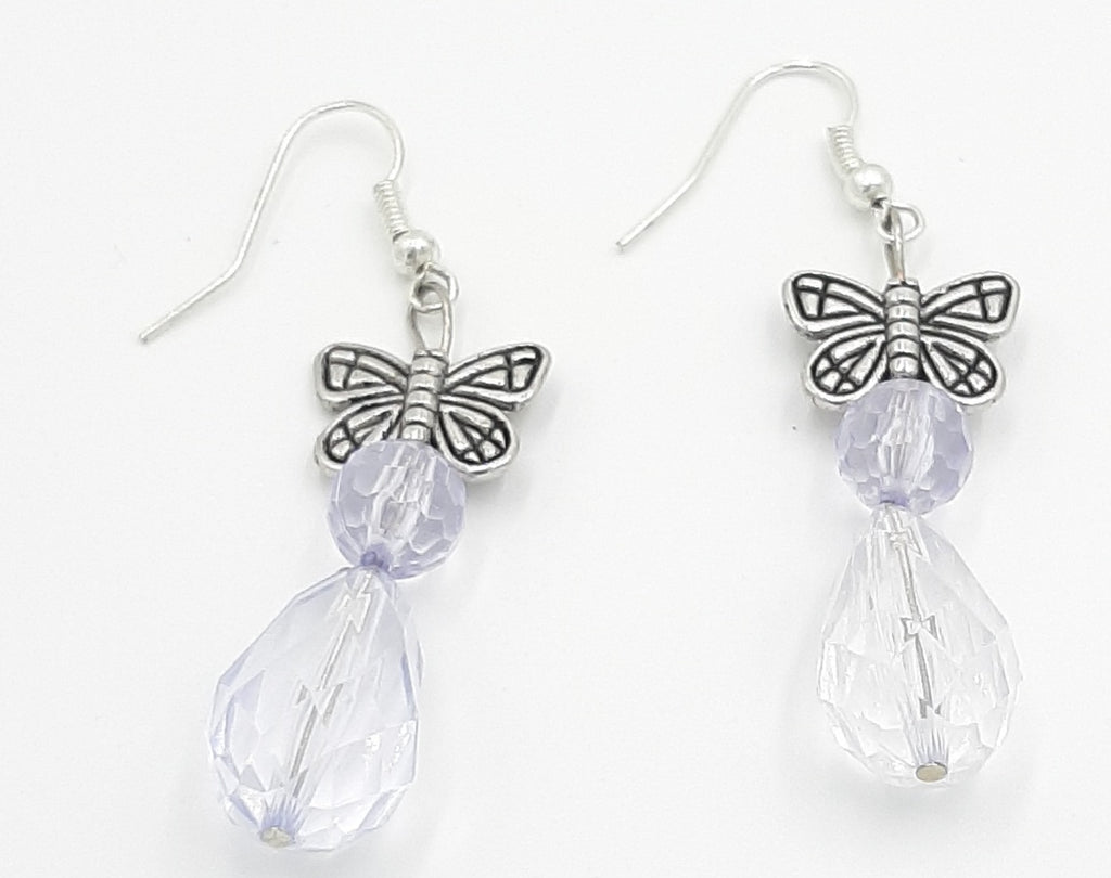 Delicate Butterfly Crystal Drop Earrings with Silver Charm