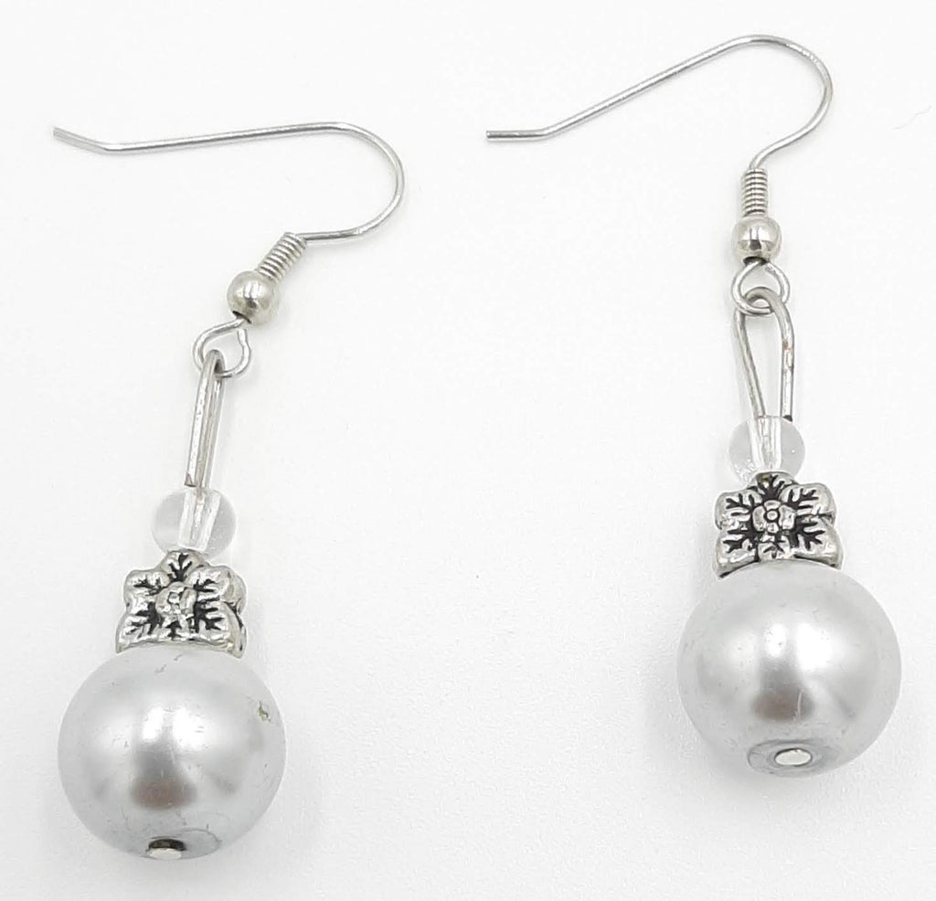 Elegant White Pearl Drop Earrings with Silver Flower Accent