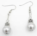 Elegant White Pearl Drop Earrings with Silver Flower Accent