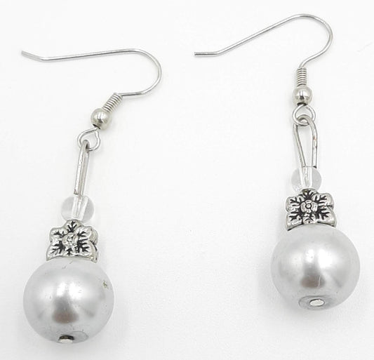 Elegant White Pearl Drop Earrings with Silver Flower Accent