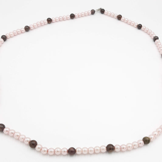 Pink Pearl and Brown Glass Bead Necklace