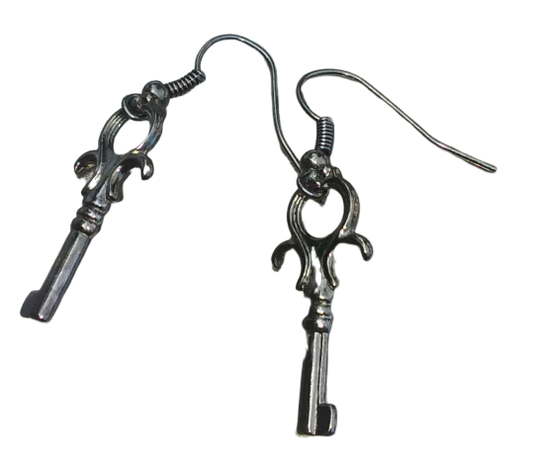Vintage Skeleton Key Earrings - Gunmetal Black Crown Charm