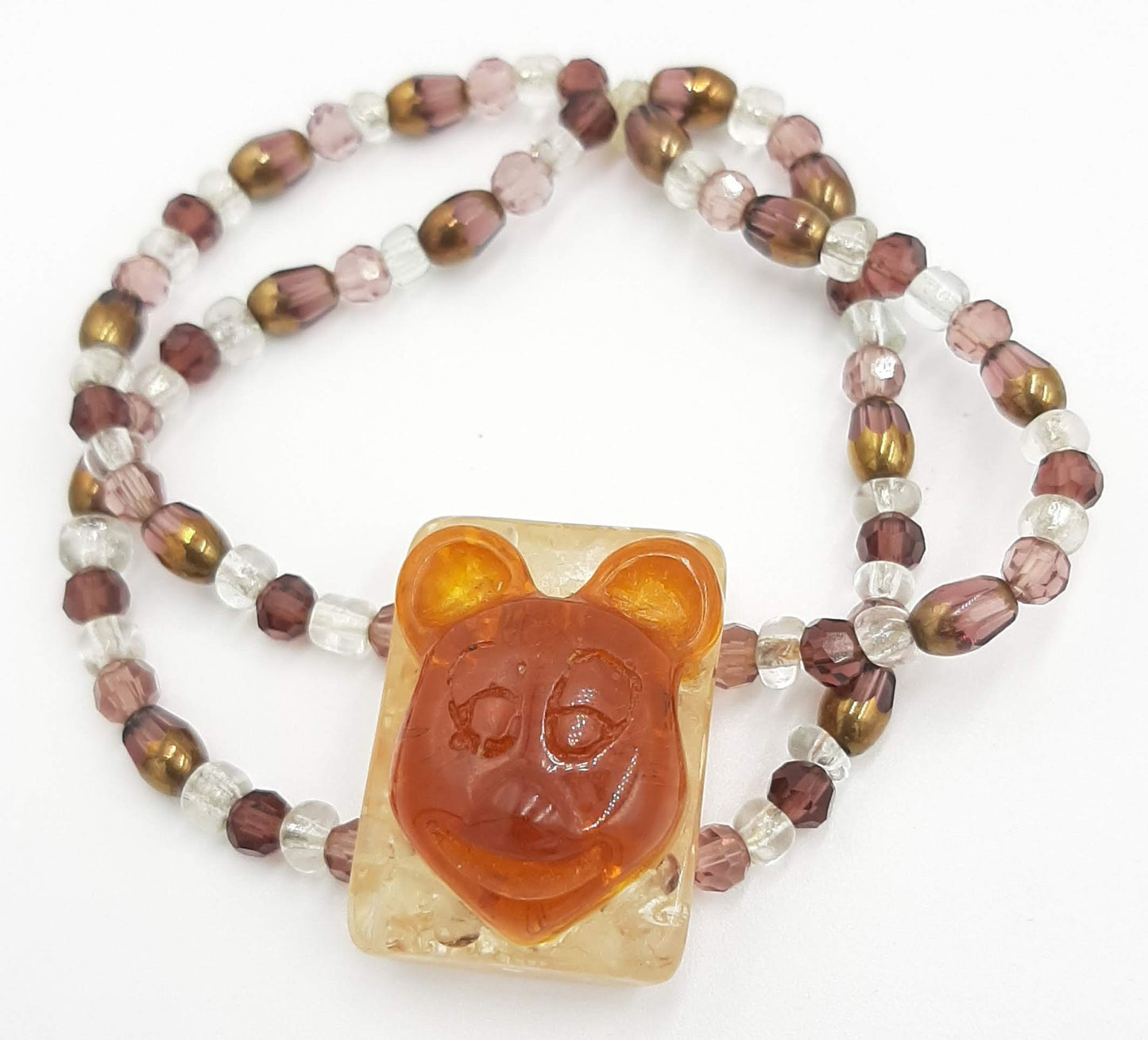 Handcrafted Mouse Face Beaded Bracelet - Amber Resin Charm with Glass Beads