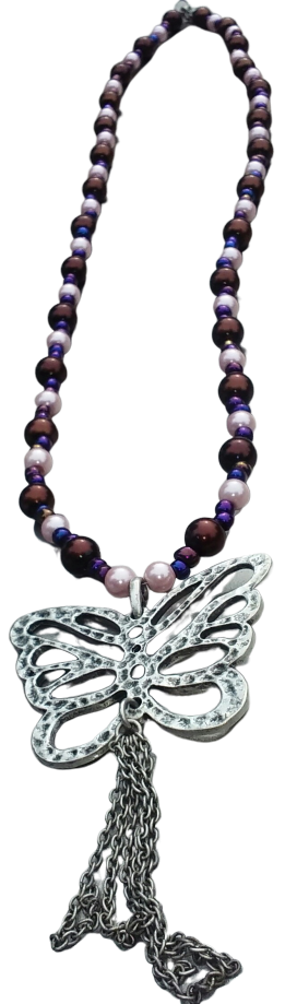 Pearl Butterfly Necklace with Chain Tassel - Purple & Silver Statement Jewelry