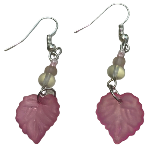 Pink Leaf Earrings with Pearl Accents