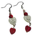 Red & White Heart Earrings - Handmade Beaded Dangle Earrings
