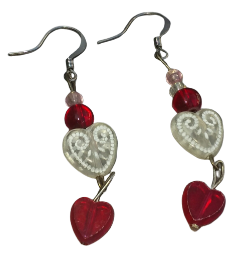 Red & White Heart Earrings - Handmade Beaded Dangle Earrings