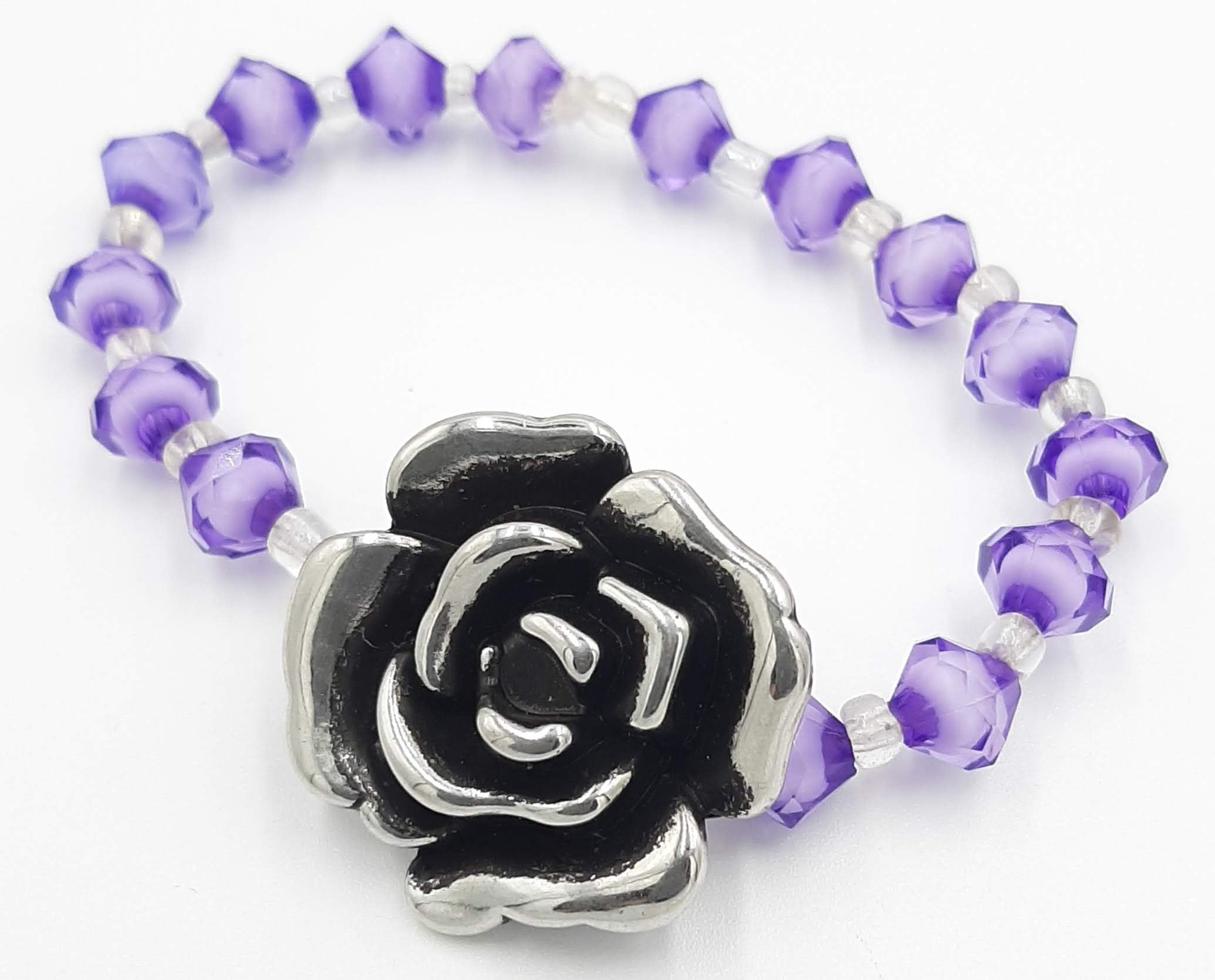Purple Beaded Bracelet with Silver Rose