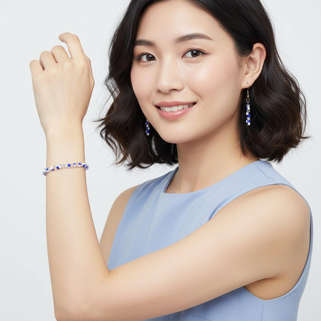 Asian model wearing blue, white, and clear seed bead jewelry set