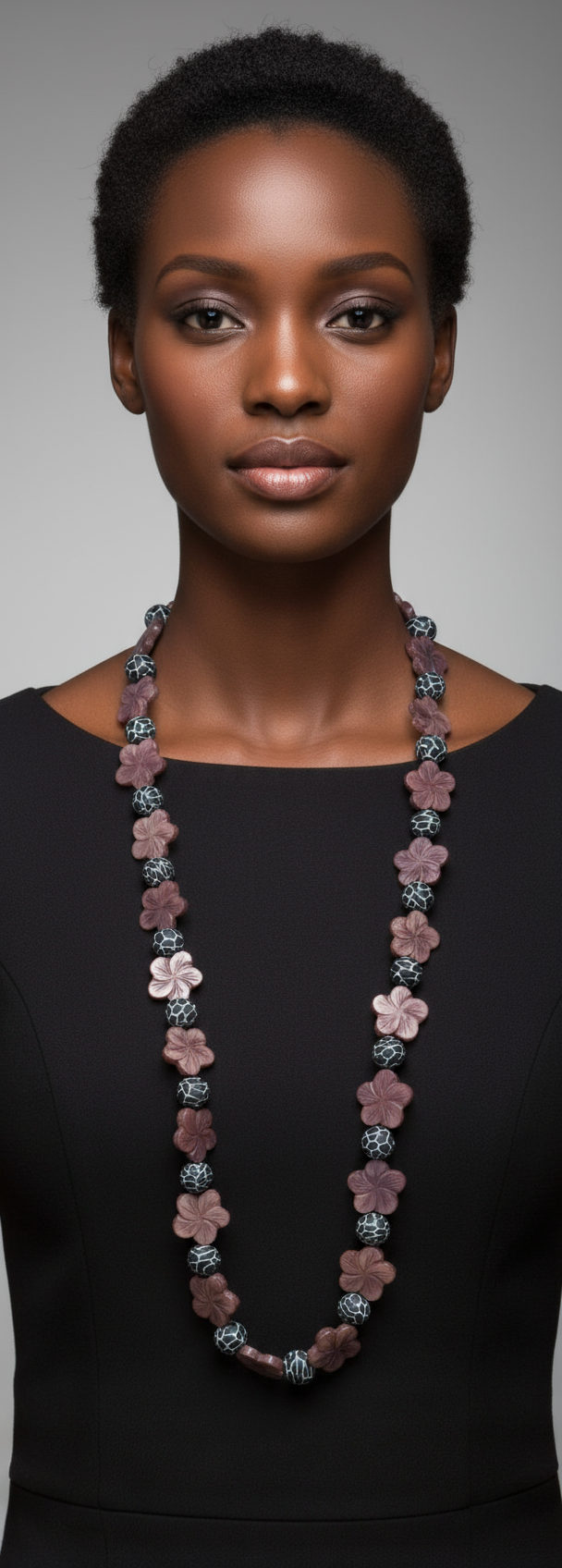 Black model wearing Giraffe and Flower Necklace