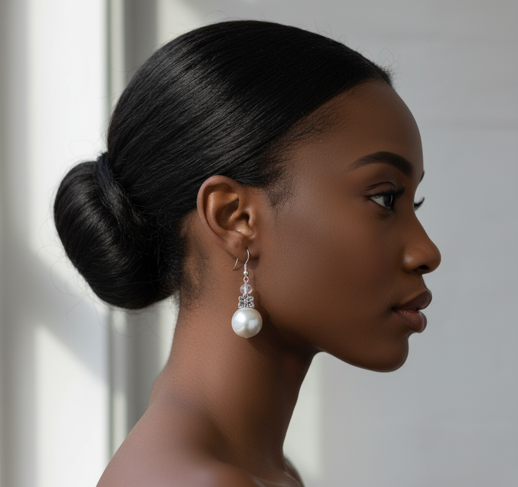 Black model wearing pearl drop earrings with flower accents