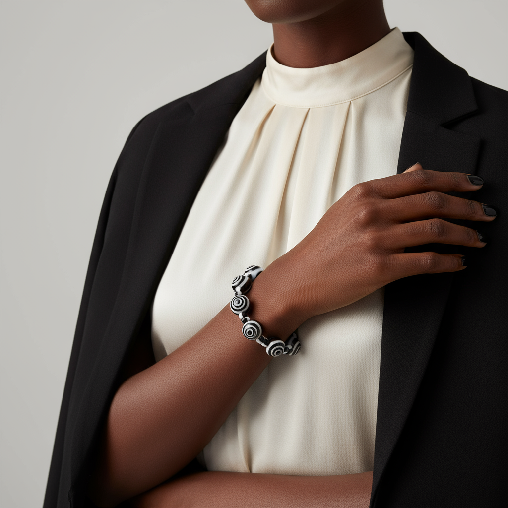 Black woman model wearing black and white swirl bracelet