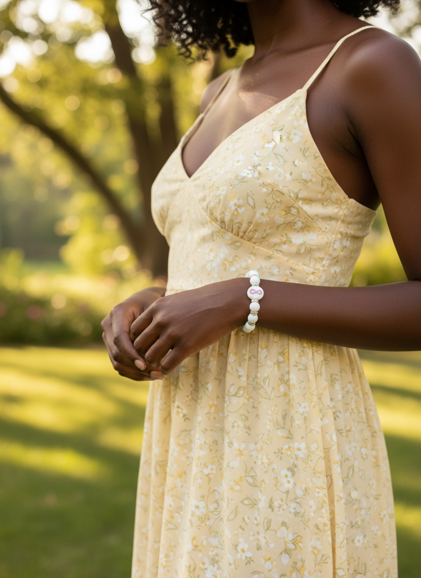 Black woman wearing sundress with pink ribbon bracelet