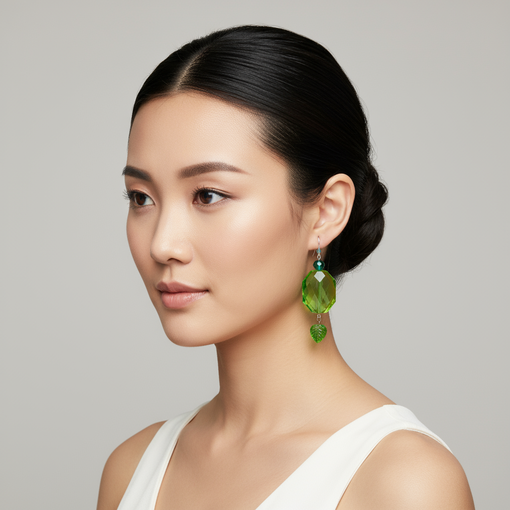 Chinese woman wearing green leaf earrings