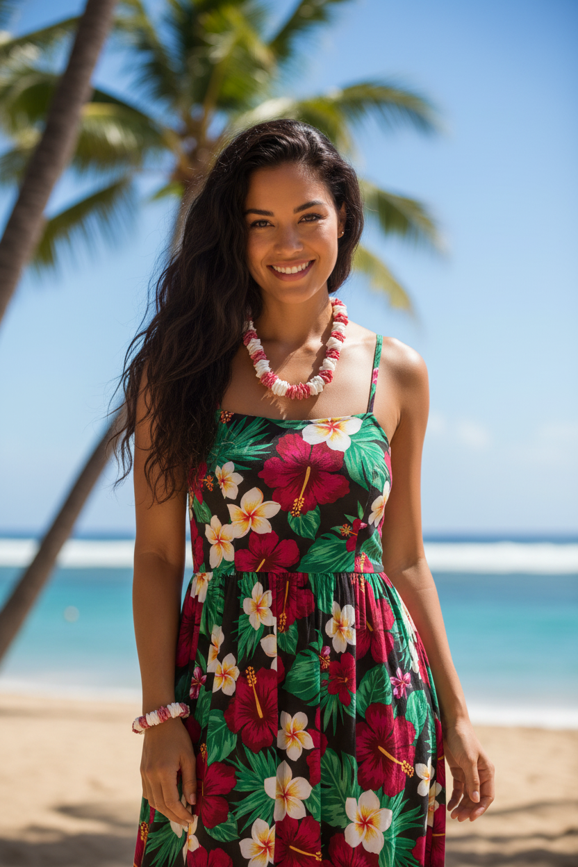 Hawaiian model wearing red and white seashell necklace and bracelet set