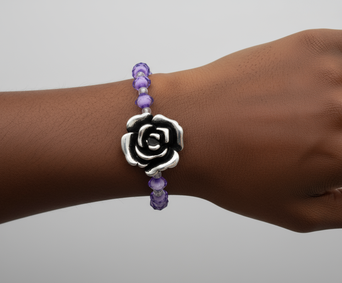 Purple Beaded Bracelet with Silver Rose