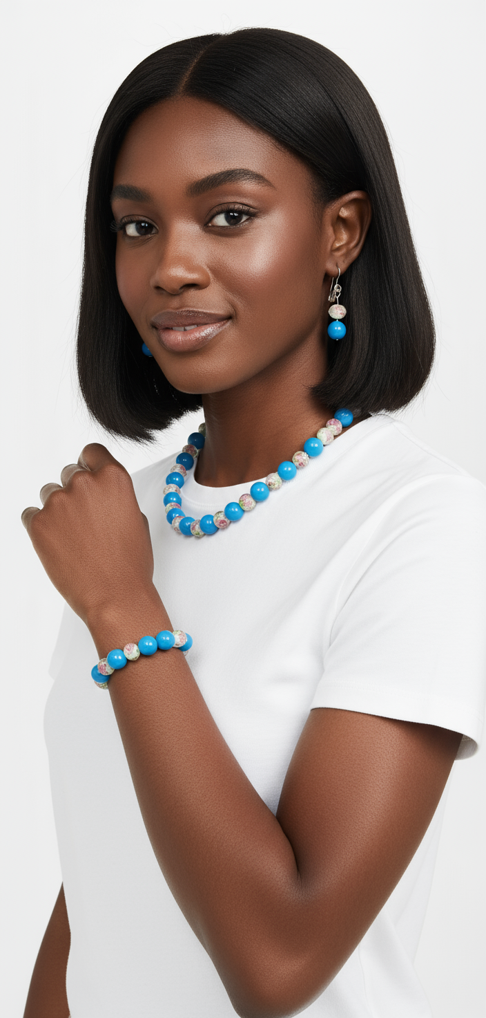 Aqua Blue and Clear Flower Bead Earring and Bracelet Set