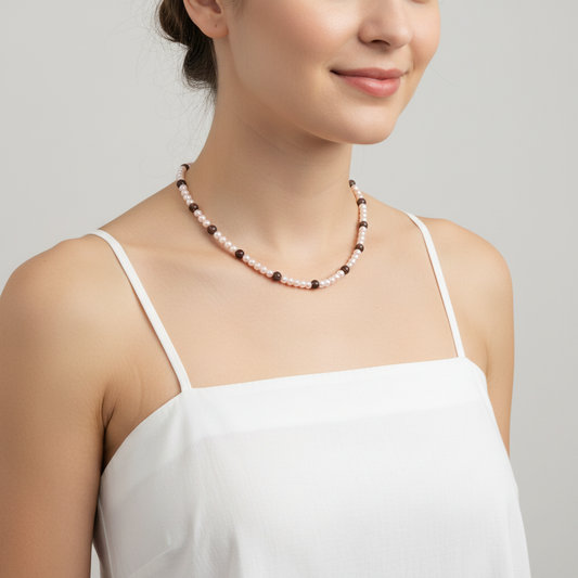 Pink Pearl and Brown Glass Bead Necklace