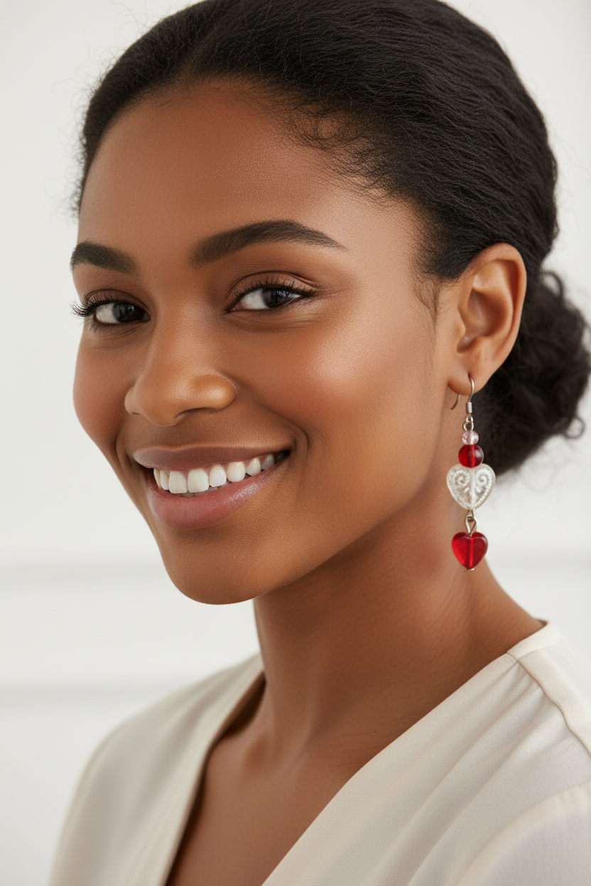 Jamaican model wearing red and white heart earrings