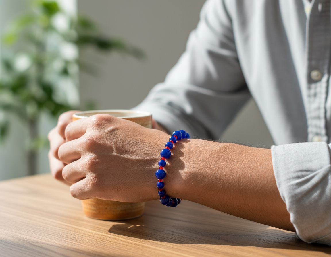 Male model wearing blue and red beaded bracelet