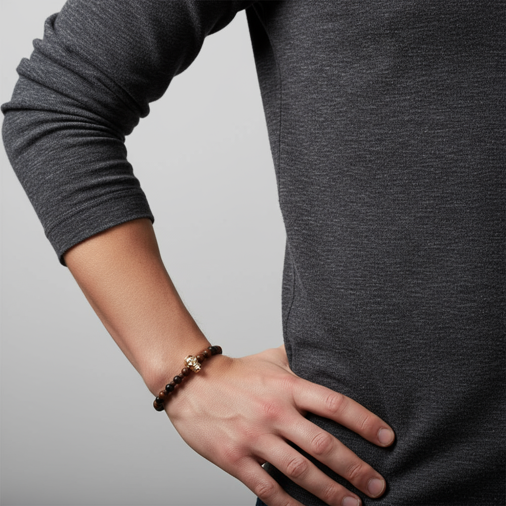 Male model wearing skull and brown beaded bracelet