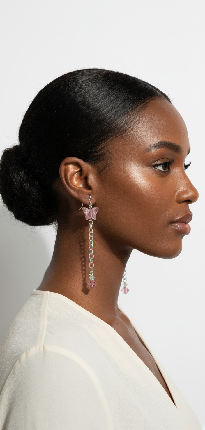 Model wearing butterfly chain earrings