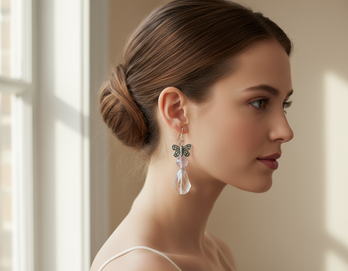 Model wearing butterfly crystal earrings