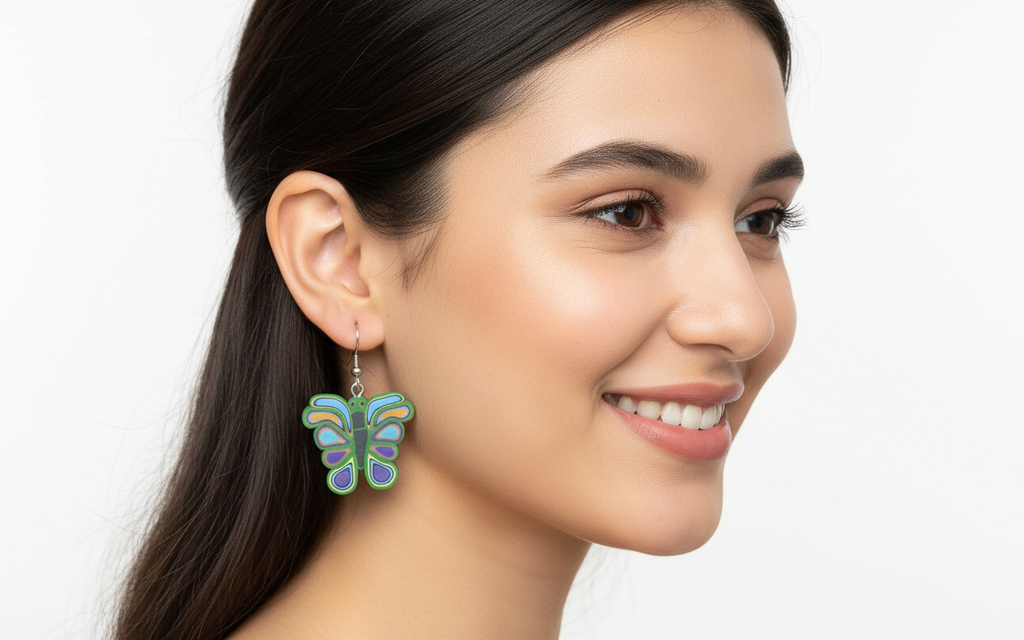 Model wearing colorful butterfly earrings