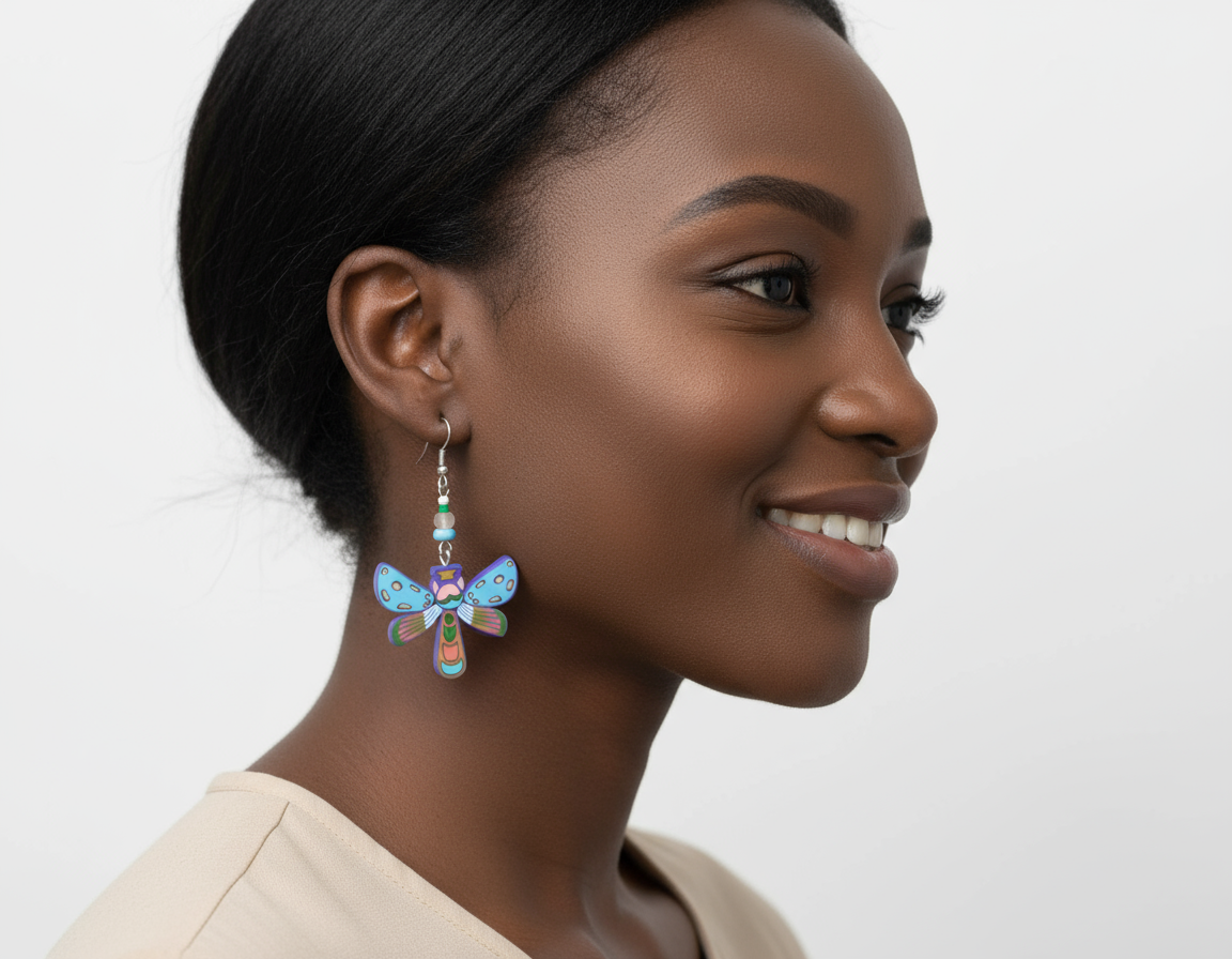 Model wearing colorful dragonfly earrings