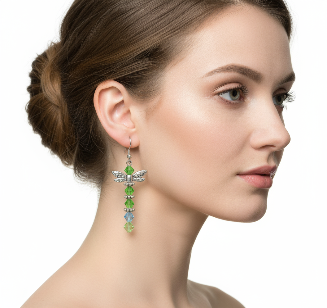 Model wearing dragonfly crystal earrings