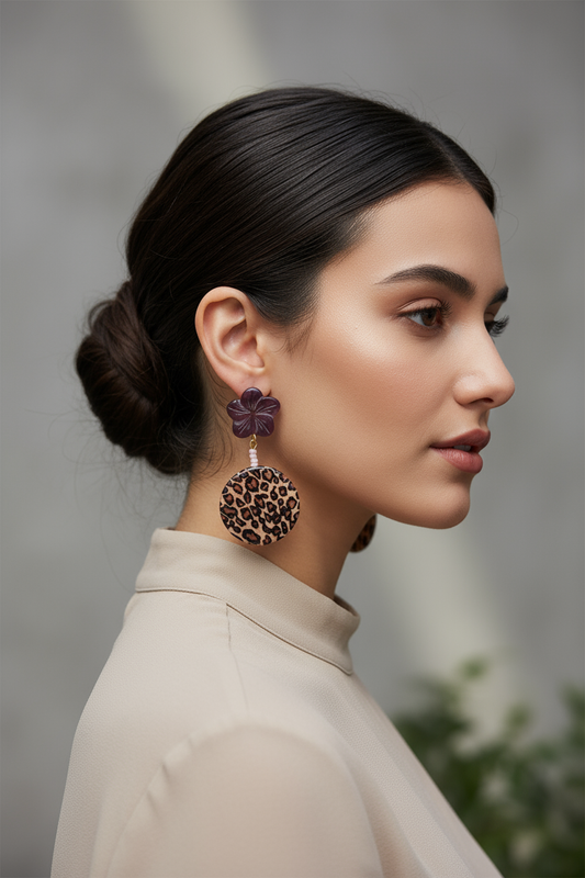 Model wearing Flower Leopard Earrings