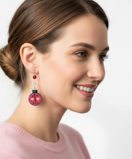 Model wearing ladybug earrings