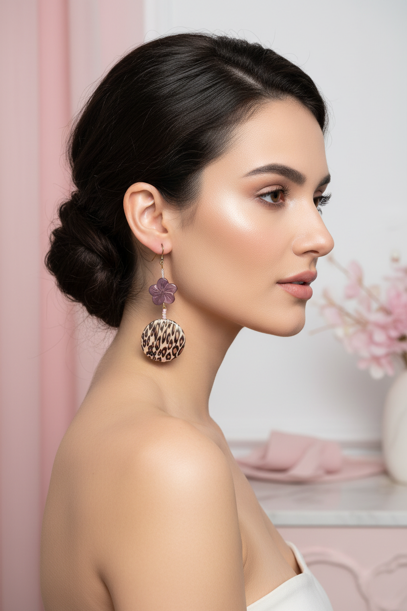 Model Wearing Leopard Flower Earrings
