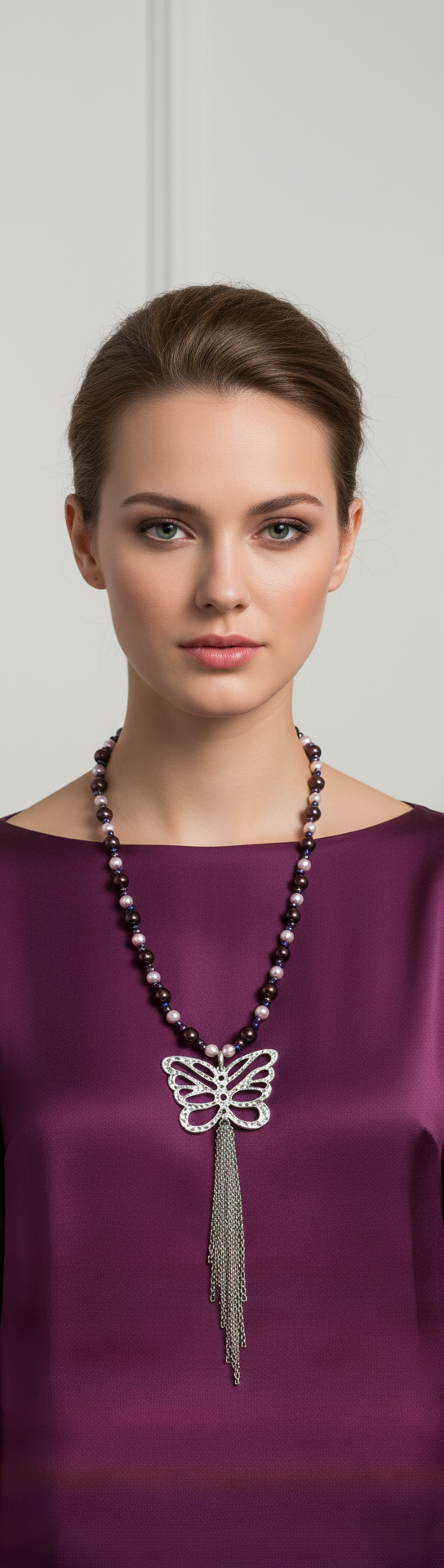 Model wearing pearl butterfly necklace