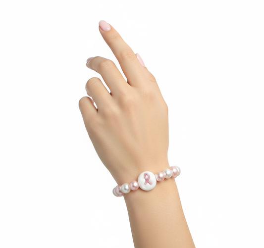 Model wearing pink and white pearl cancer awareness bracelet