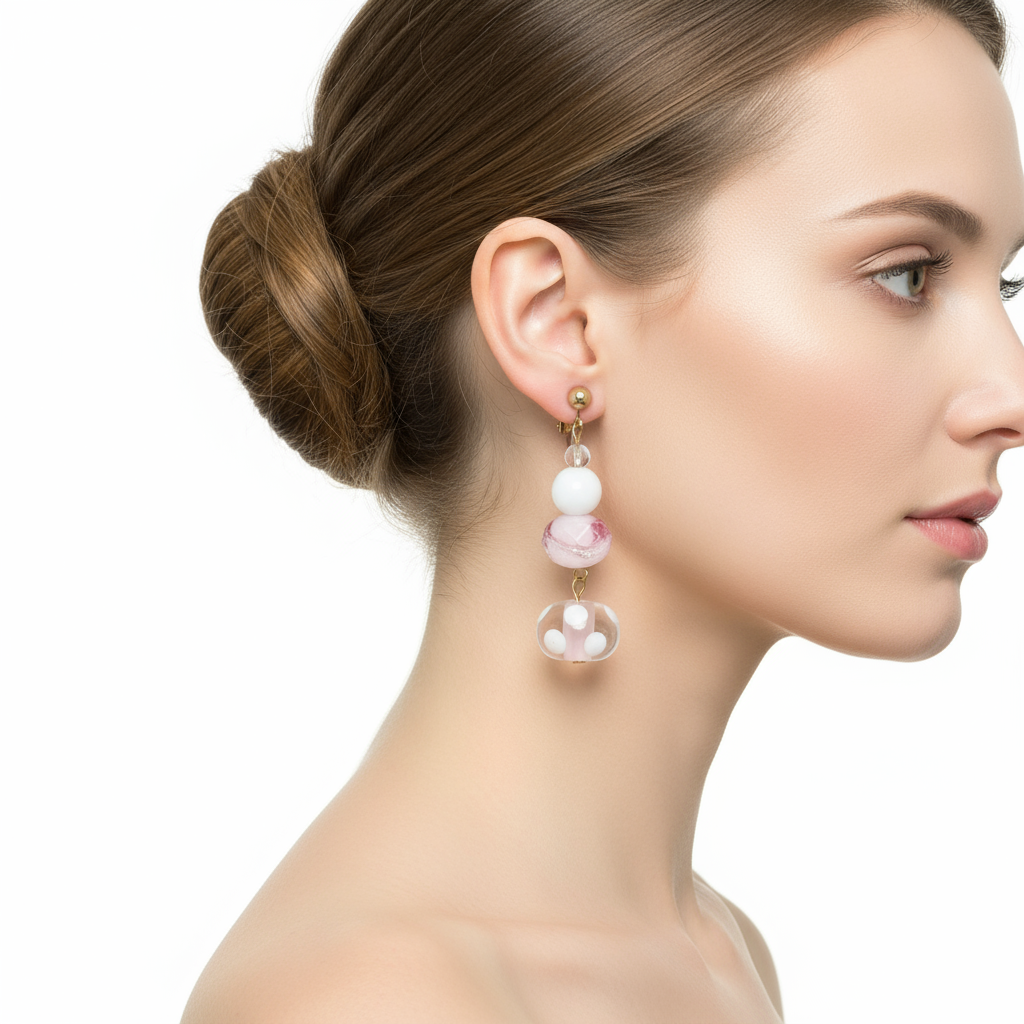Model wearing pink flower glass bead clip-on earrings