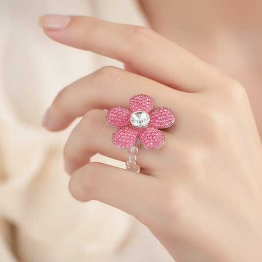 Model wearing pink flower ring