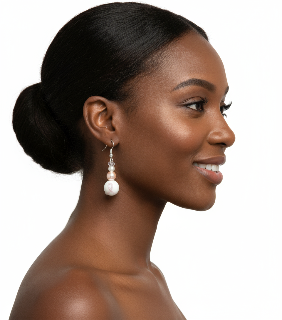 Model wearing pink ribbon awareness earrings