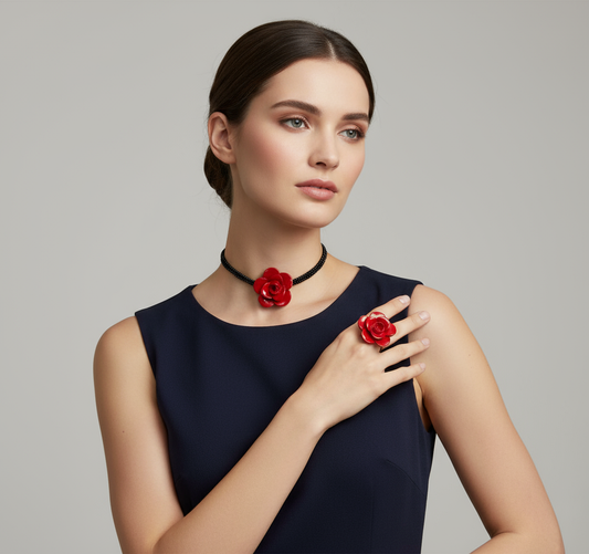 Model wearing red rose choker and ring set