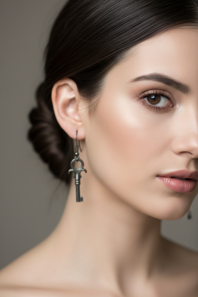 Model wearing vintage skeleton key earrings
