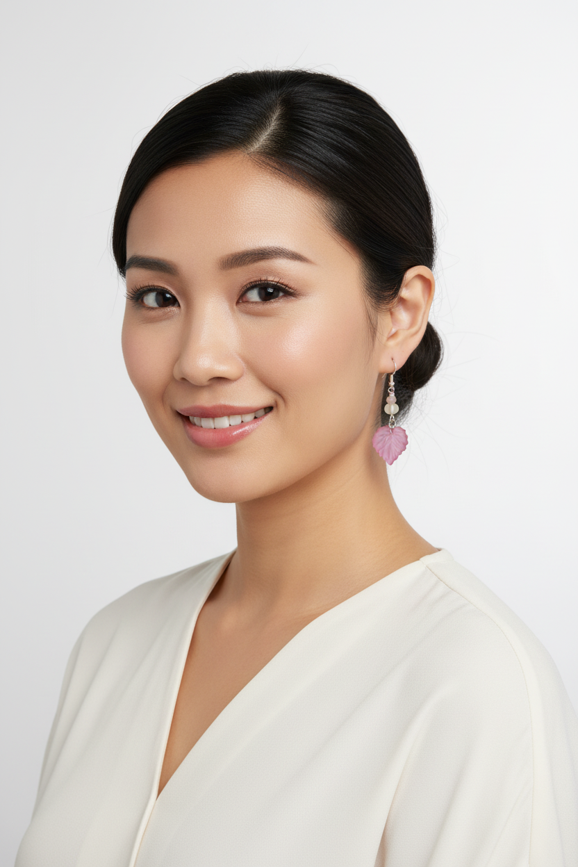 Pink Leaf Earrings on Asian Model