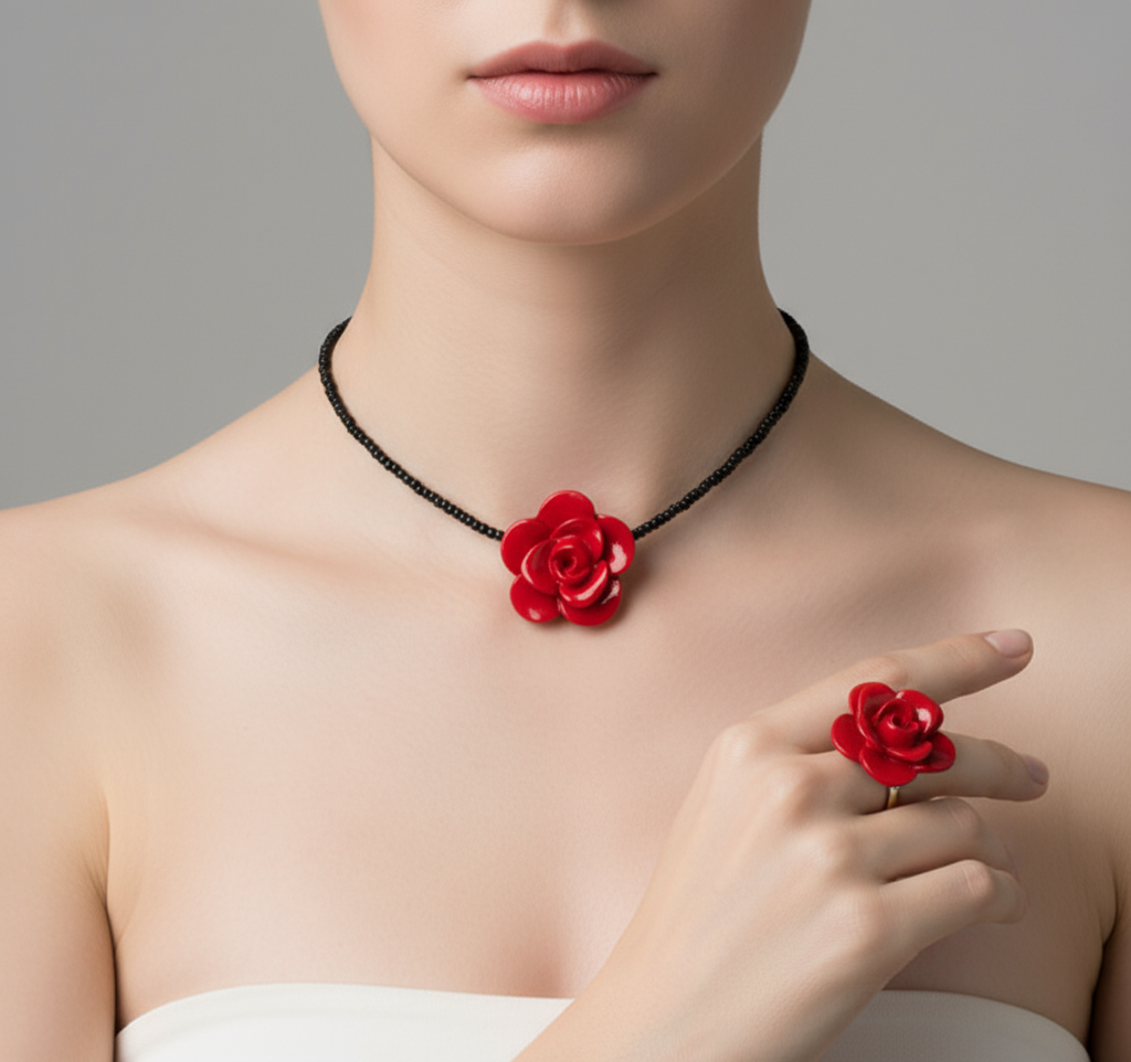 Red Rose Choker and Ring Set on Model